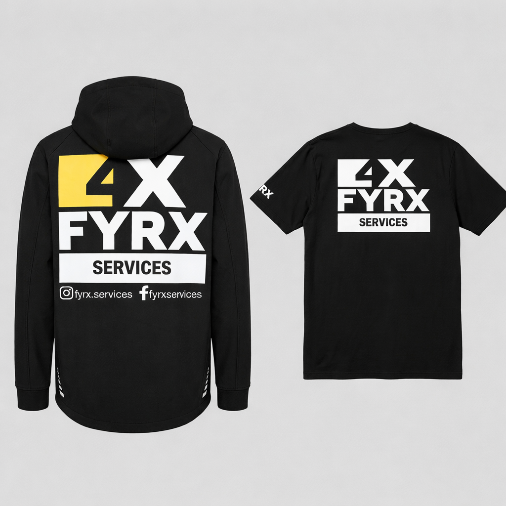 Profilkläder — hoodie och t-shirt med tryck för 4X FYRX Services